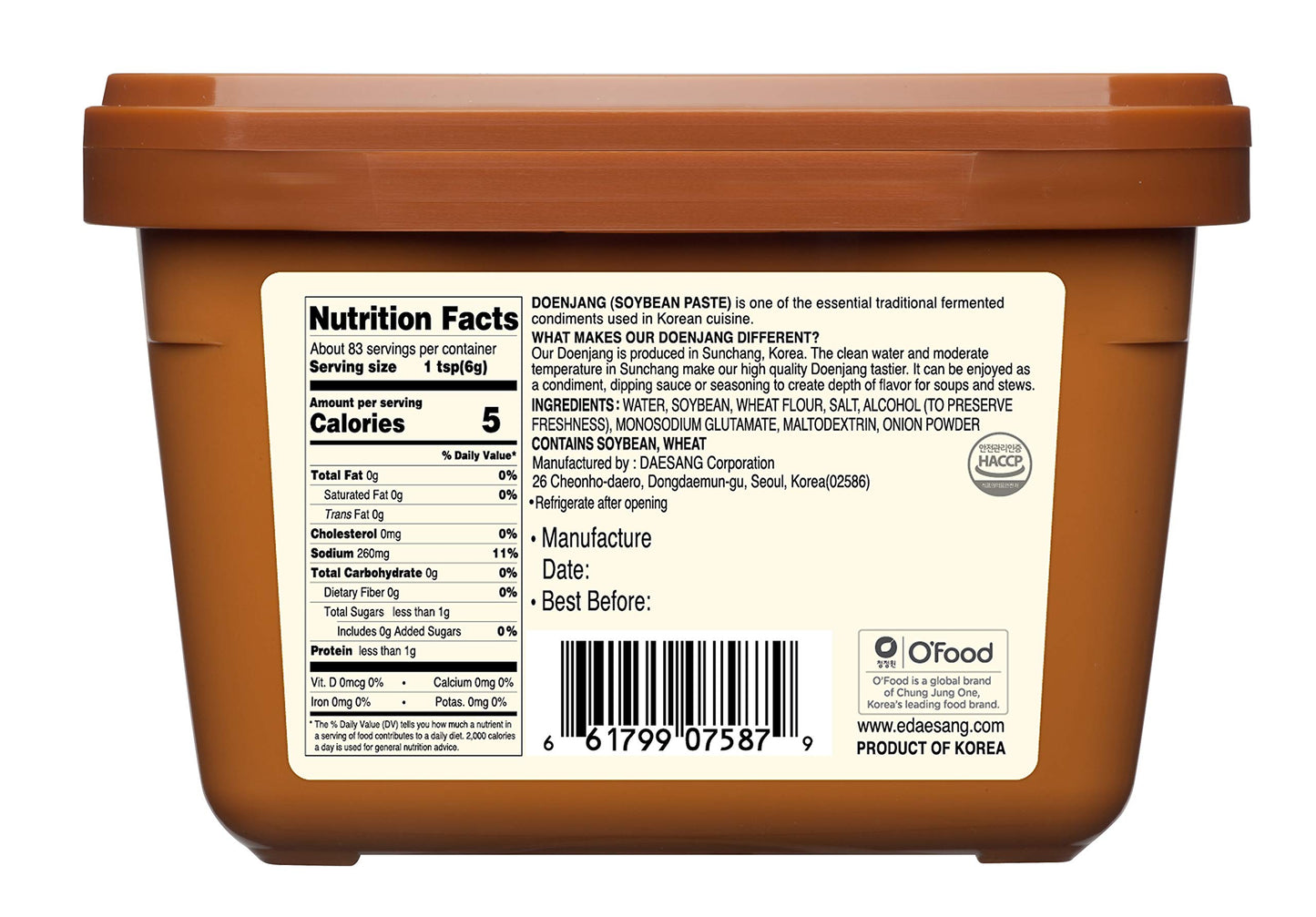 Chung Jung One O'Food Doenjang, Premium Korean Traditional Soybean Miso Paste Sauce, Naturally Fermented, Umami Flavor, Jjigae Soup Base, Chung Jung One (Original, 1.1 lb, 500g)