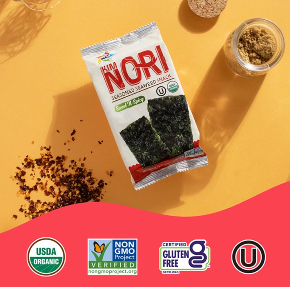 KIMNORI Seasoned Seaweed Snacks Sheets – Organic Sweet 'N Spicy Flavor, 12 Individual Packs, Roasted Crispy Premium 100% Natural Laver Kim Nori, 4g 0.14 Ounce