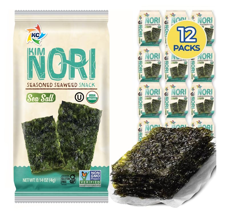 KIMNORI Seasoned Seaweed Snacks Sheets – Organic Sea Salt Flavor, 12 Individual Packs, Roasted Crispy Premium 100% Natural Laver Kim Nori, 4g 0.14 Ounce