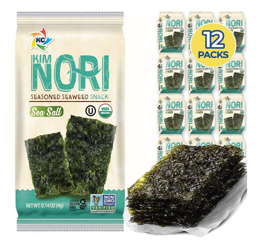 KIMNORI Seasoned Seaweed Snacks Sheets – Organic Sea Salt Flavor, 12 Individual Packs, Roasted Crispy Premium 100% Natural Laver Kim Nori, 4g 0.14 Ounce