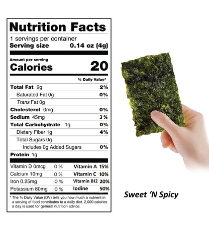 KIMNORI Seasoned Seaweed Snacks Sheets – Organic Sweet 'N Spicy Flavor, 12 Individual Packs, Roasted Crispy Premium 100% Natural Laver Kim Nori, 4g 0.14 Ounce