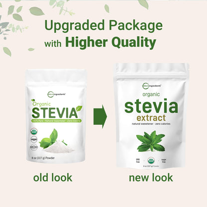 Pure Organic Stevia Powder, 8 Ounces, 1418 Serving, High Grade Stevia Green Leaf Extract Reb-A, Reduced Bitter Aftertaste, 0 Calorie, Natural Sweetener, Sugar Alternative, Keto Friendly