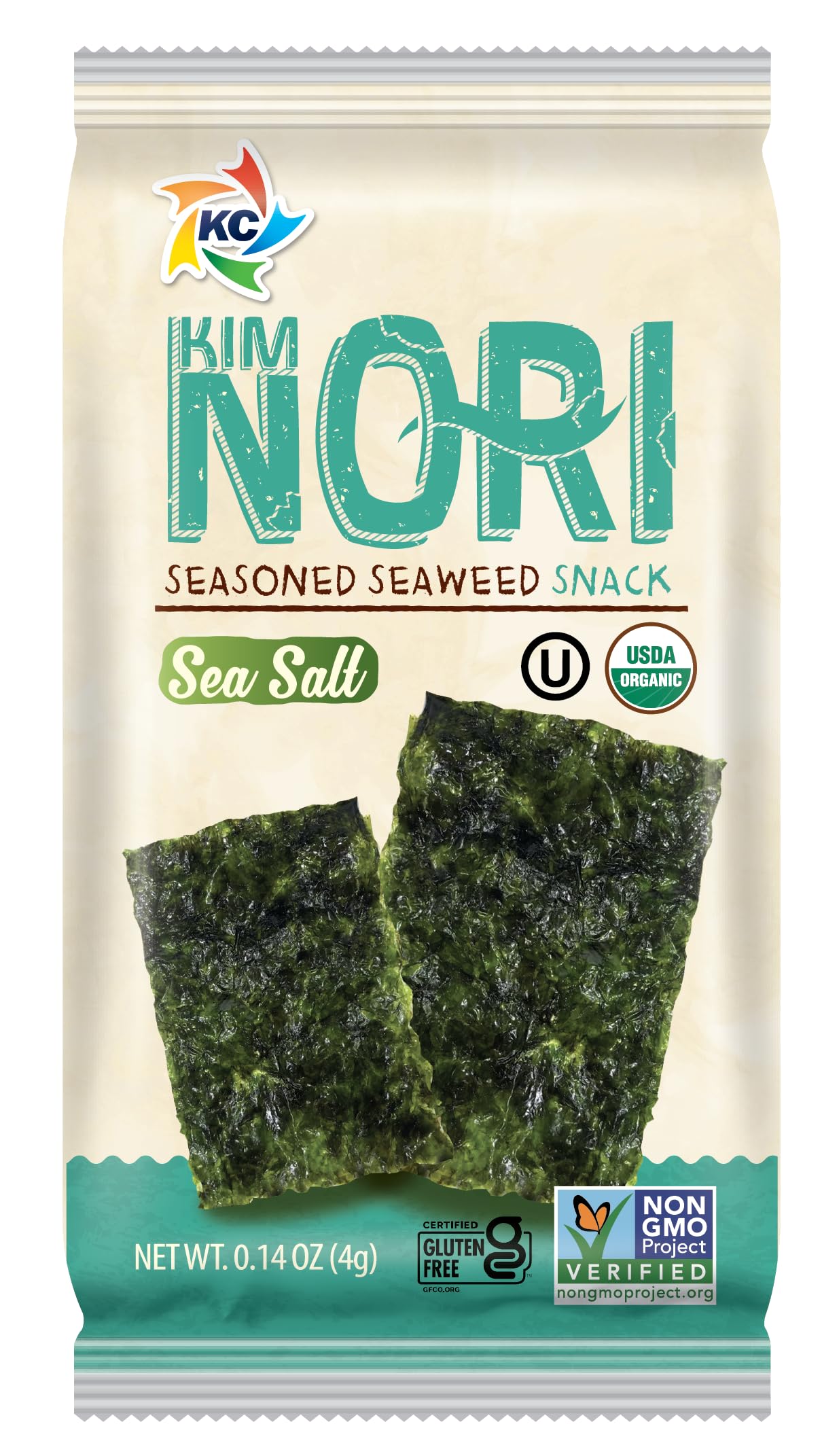 KIMNORI Seasoned Seaweed Snacks Sheets – Organic Sea Salt Flavor, 12 Individual Packs, Roasted Crispy Premium 100% Natural Laver Kim Nori, 4g 0.14 Ounce