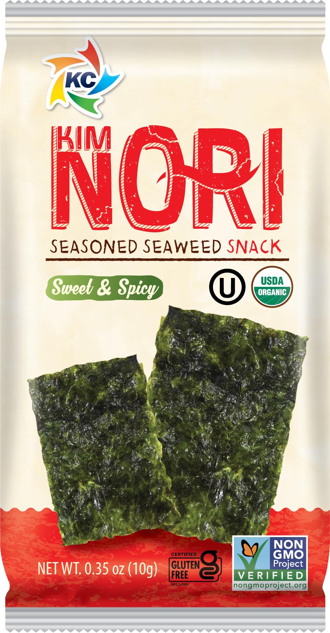 KIMNORI Seasoned Seaweed Snacks Sheets – Organic Sweet 'N Spicy Flavor, 12 Individual Packs, Roasted Crispy Premium 100% Natural Laver Kim Nori, 4g 0.14 Ounce