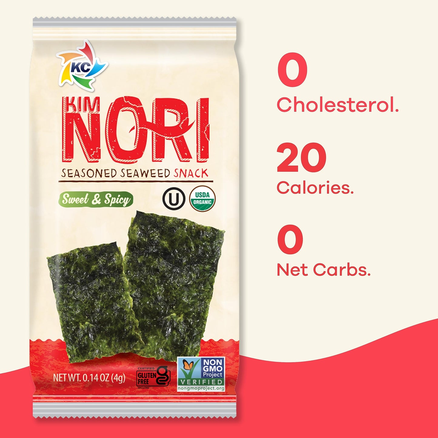 KIMNORI Seasoned Seaweed Snacks Sheets – Organic Sweet 'N Spicy Flavor, 12 Individual Packs, Roasted Crispy Premium 100% Natural Laver Kim Nori, 4g 0.14 Ounce