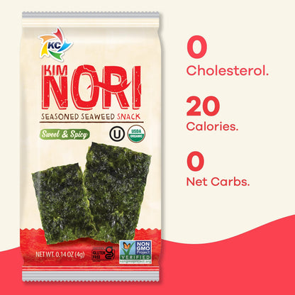 KIMNORI Seasoned Seaweed Snacks Sheets – Organic Sweet 'N Spicy Flavor, 12 Individual Packs, Roasted Crispy Premium 100% Natural Laver Kim Nori, 4g 0.14 Ounce