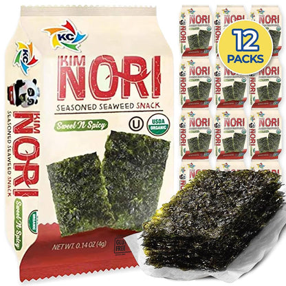 KIMNORI Seasoned Seaweed Snacks Sheets – Organic Sweet 'N Spicy Flavor, 12 Individual Packs, Roasted Crispy Premium 100% Natural Laver Kim Nori, 4g 0.14 Ounce
