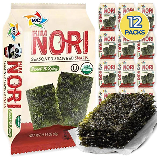 KIMNORI Seasoned Seaweed Snacks Sheets – Organic Sweet 'N Spicy Flavor, 12 Individual Packs, Roasted Crispy Premium 100% Natural Laver Kim Nori, 4g 0.14 Ounce