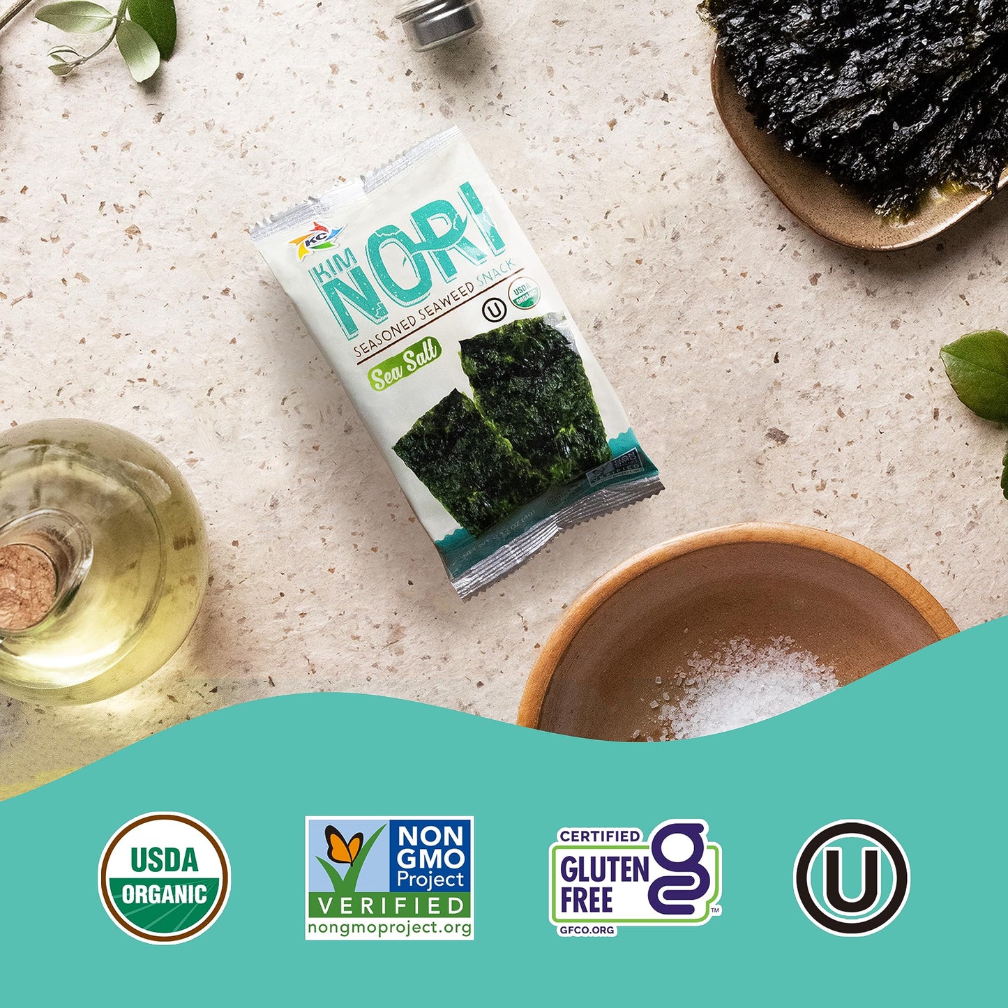 KIMNORI Seasoned Seaweed Snacks Sheets – Organic Sea Salt Flavor, 12 Individual Packs, Roasted Crispy Premium 100% Natural Laver Kim Nori, 4g 0.14 Ounce